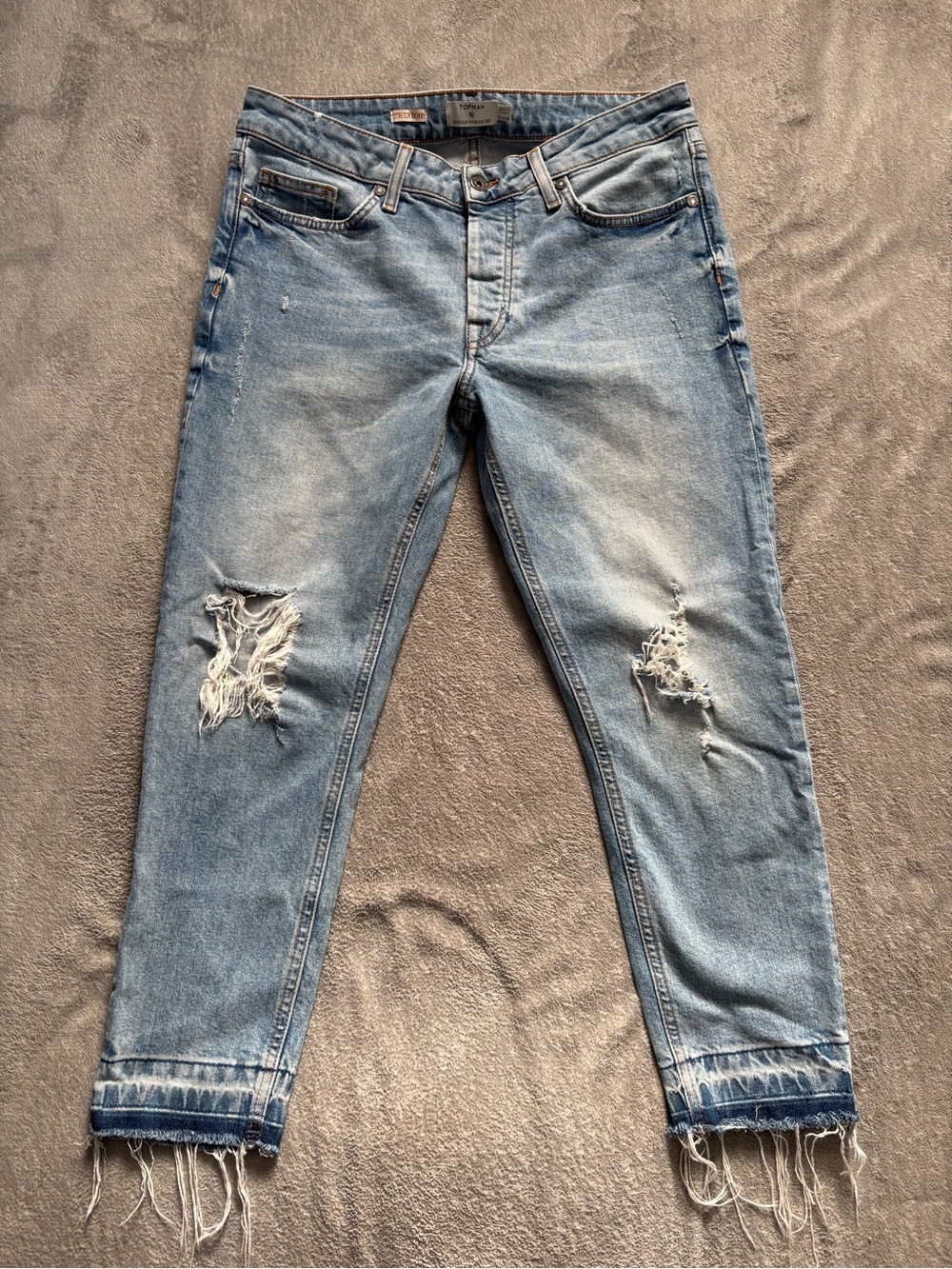 Topman Stretch Skinny Jeans Light Wash Ripped Distressed Patch Men’s Size 32S